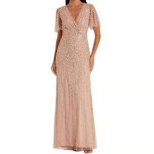 Women Mac Duggal Beaded Leaves Butterfly Sleeves V Neck Gown in Nude Pink Sz 10